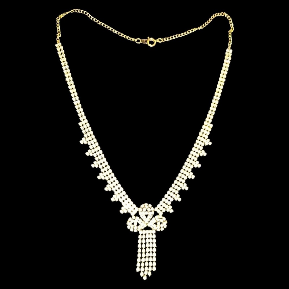 Vintage Gold Tone Clear Rhinestoneโ Fringe Tassel Statement Necklace Glam
